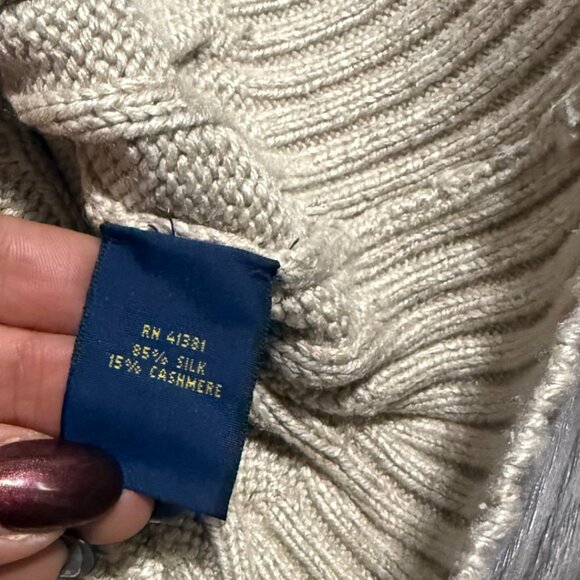 Ralph Lauren Blue Label Cable-Knit Silk-Cashmere Sweater Size M Tan Leather-Trim - Picture 9 of 11